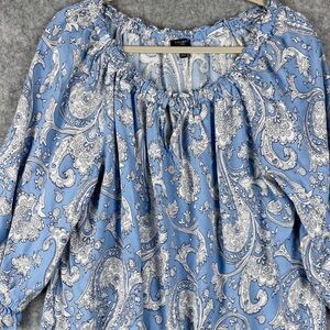 Talbots NWOT Women’s 2X Blue & White Paisley Popover 3/4 Sleeve Stretchy Ruffle